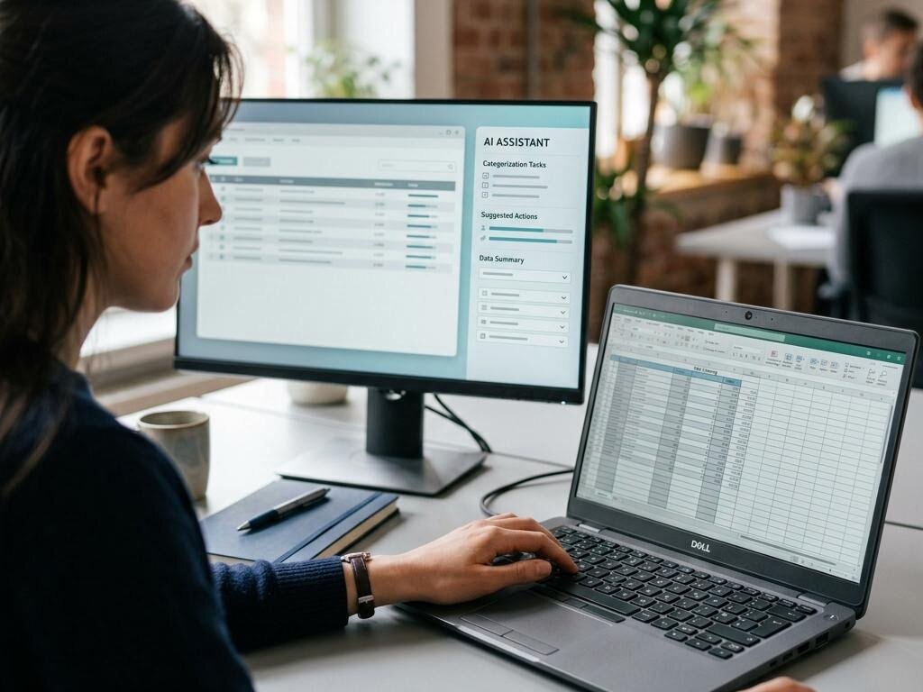 KI-generiertes Bild: Eine Mitarbeiterin arbeitet mit einer Tabelle am Laptop und einer KI-Assistenten-Oberfläche auf einem zweiten Bildschirm